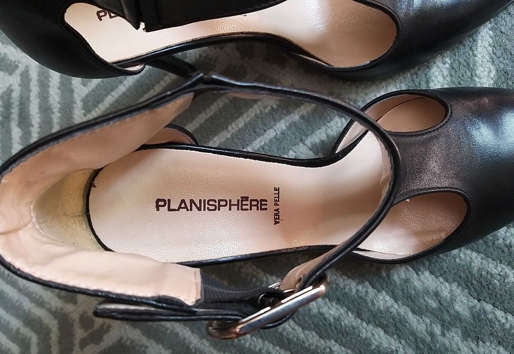 Pantofi piele negri, 39, toc stiletto, cu bareta