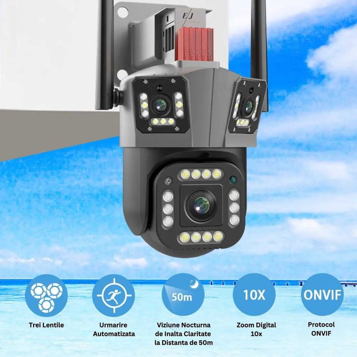 Camera de supraveghere tripla WIFI, 12MP, 32 GB, PTZ, CCTV, zoom 10x