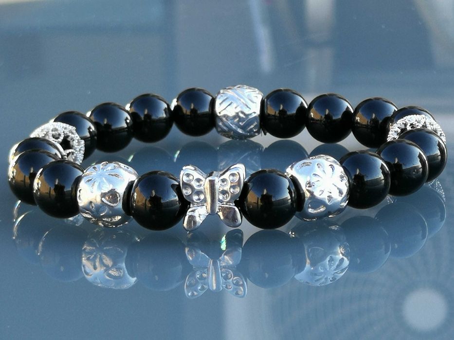 Дамска Гривна от 10 мм Натурален Черен Турмалин и Медицинска Стомана