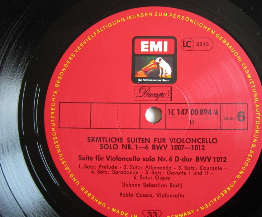 rar Pablo Casals ‎ Suiten Fur Violoncello Solo Bach Germany impecabil
