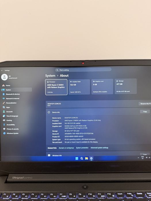 Laptop Gaming Lenovo Ideapad Ryzen 5, GTX 1650, 16GB Ram, SSD 512GB