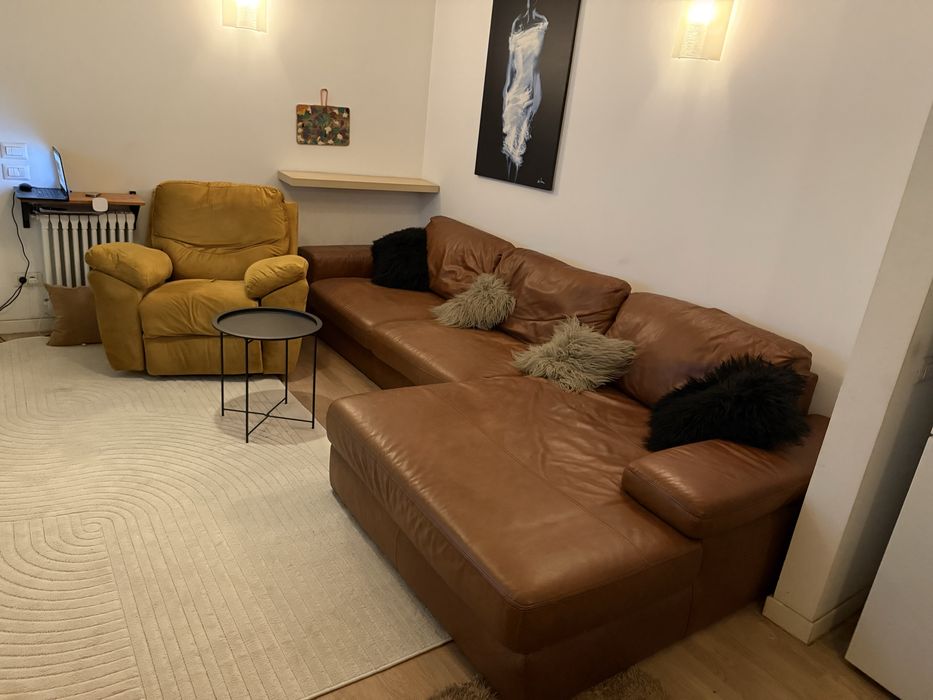 Canapea  de Colt   4 locuri Piele   -Lounge  Cognac