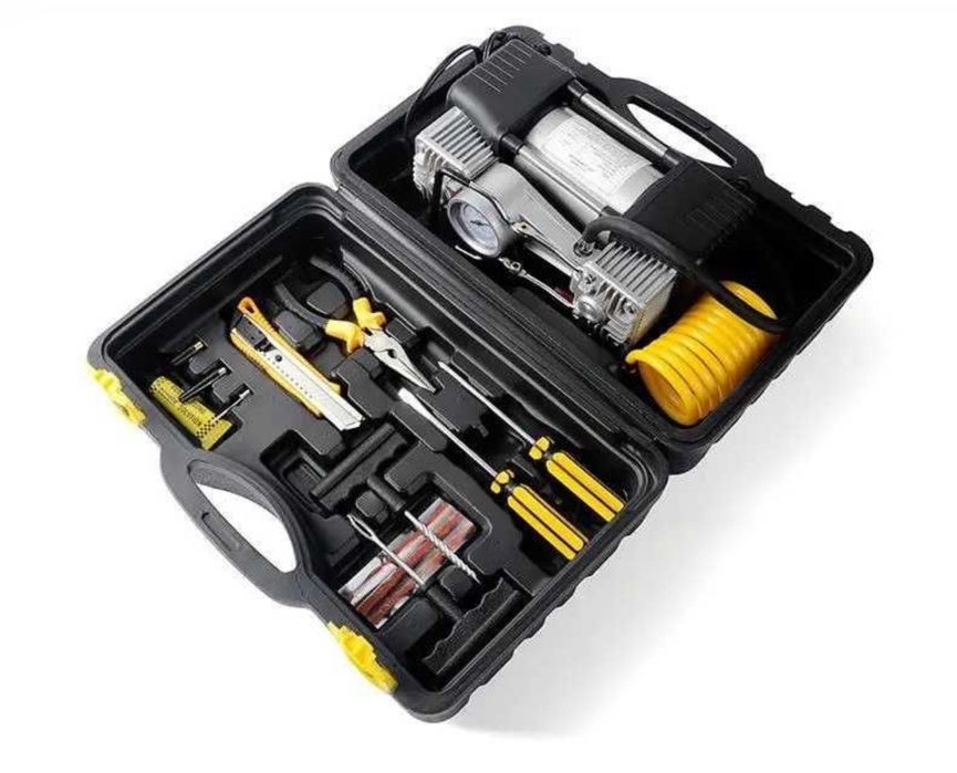 Двуцилиндров компресор за гуми в куфар с инструменти Пътна помощ