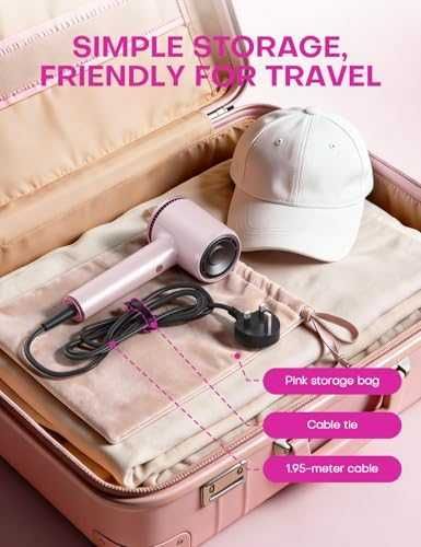 Нов Компактен йонен сешоар 1600W дифузер 2 скорости розов за коса жени бързо сушене