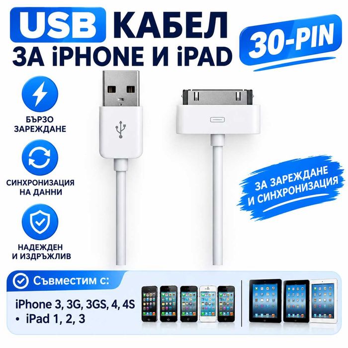 Кабел за iPhone 2 3G 3GS 4 4S iPad 1 2 3 iPod зарядно 2G USB