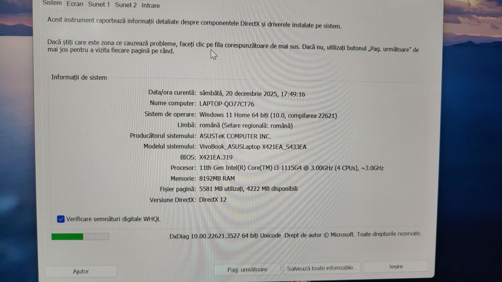 Asus Vivobook S433E / i3 -1115G4/ 8 GB RAM / ssd 128 GB/