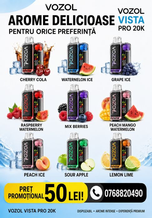 Vozol Vista pro 20 k puff, 6 moduri de reglare a intensitatii aromei.Pret promotional!
