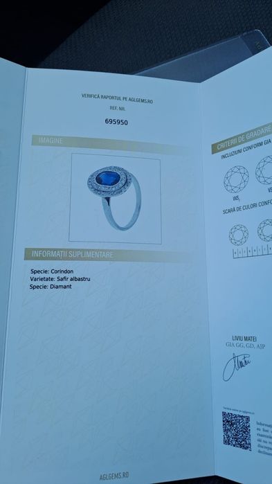 Vand inel platina aur alb diamante si safir