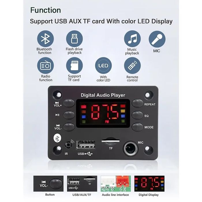 Mp3 player модул за вграждане с BT 5.0, DC 5V-12V, жак за микр.Tf, Fm