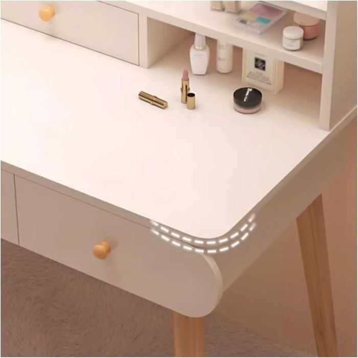 Masa toaletă cu oglindă LED tactilă, cu rafturi și sertare