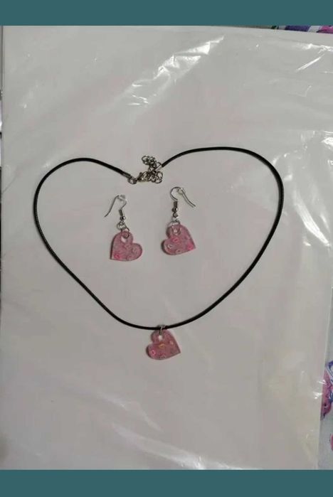 Set Colier + Cercei Love Glitter Hart, handmade, fashion, modele unice