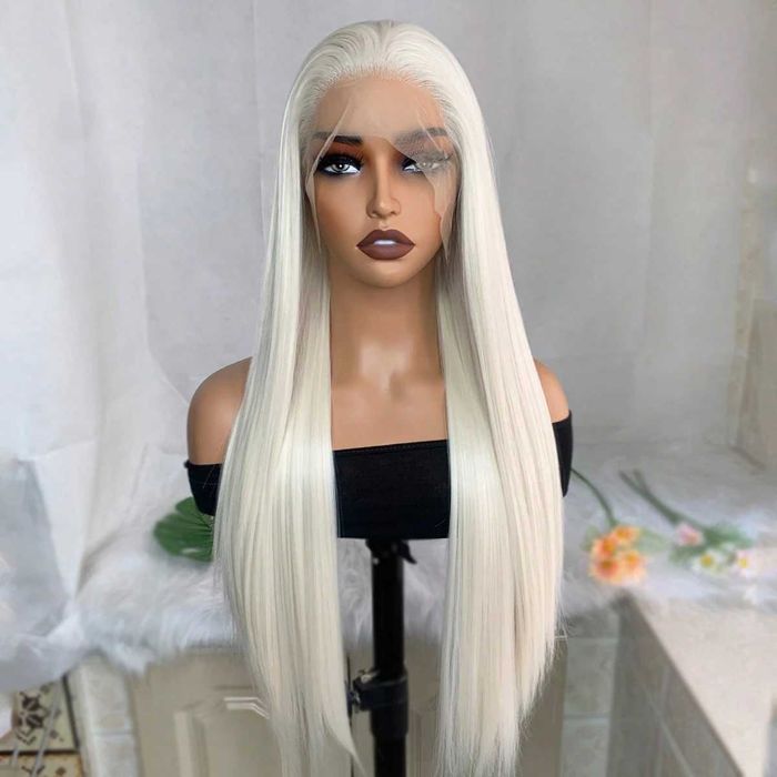 Платинено руса Lace Front перука - дълга права коса 80 см, термоустойчива, дантела 13×4