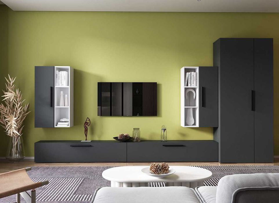 Living Pati 144 – Mobila Sufragerie Gri Antracit + Alb
