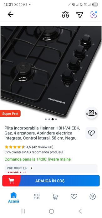 Plita heinner 4 arzatoare 58cm negru gaz