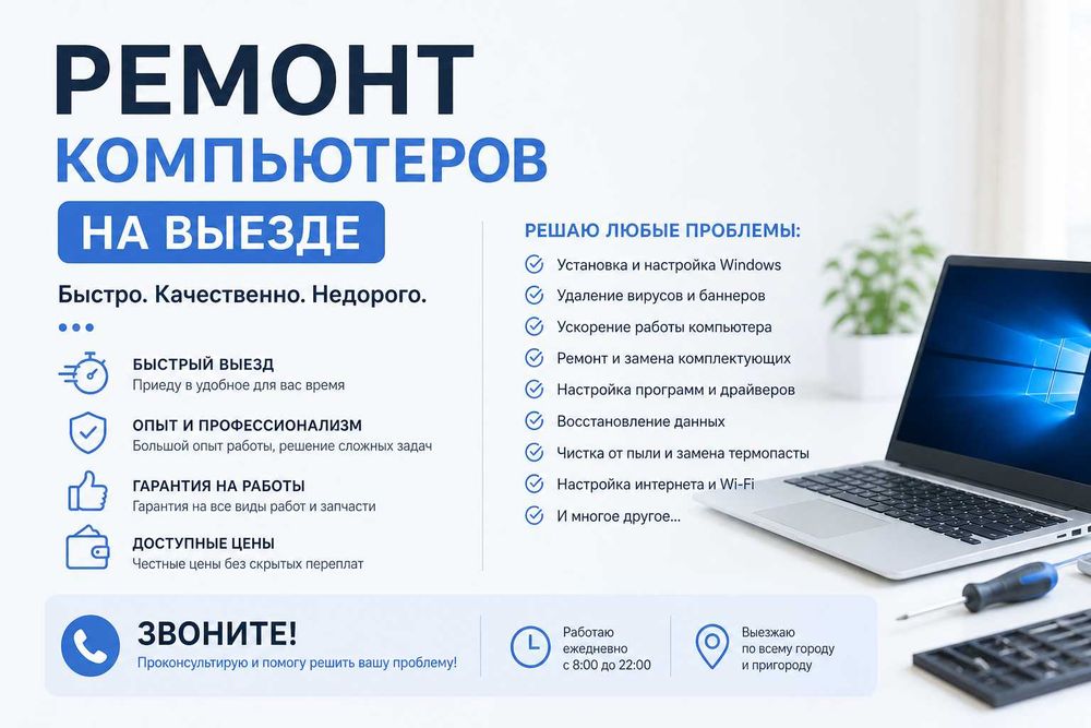 Чистка, ремонт компьютера, ноутбука. Установка Windows, программ