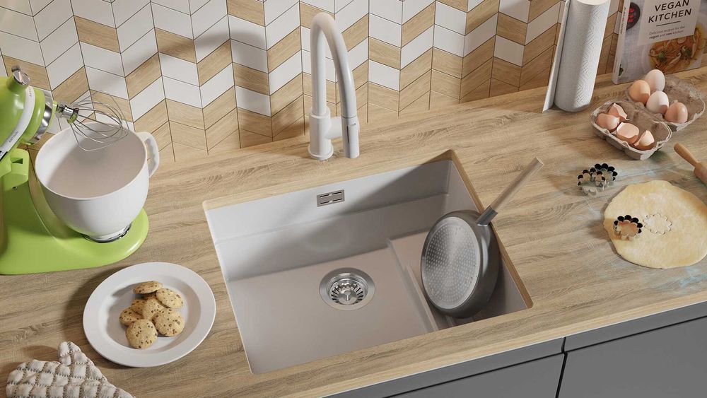 Бял гранитна мивка за вграждане под плот Прага 60 Level 560 x 470 мм