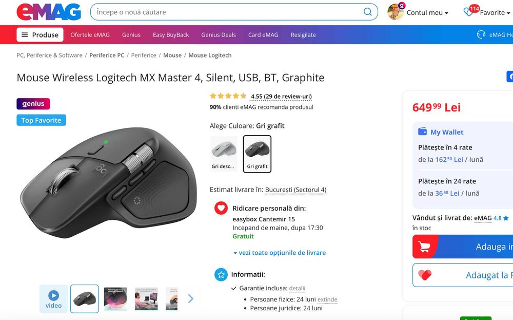 Mouse Wireless Logitech MX Master 4, Silent, USB, BT, Graphite - NOU
