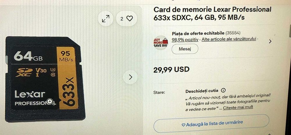 2 Carduri Memorie de 64 KB pentru aparat foto