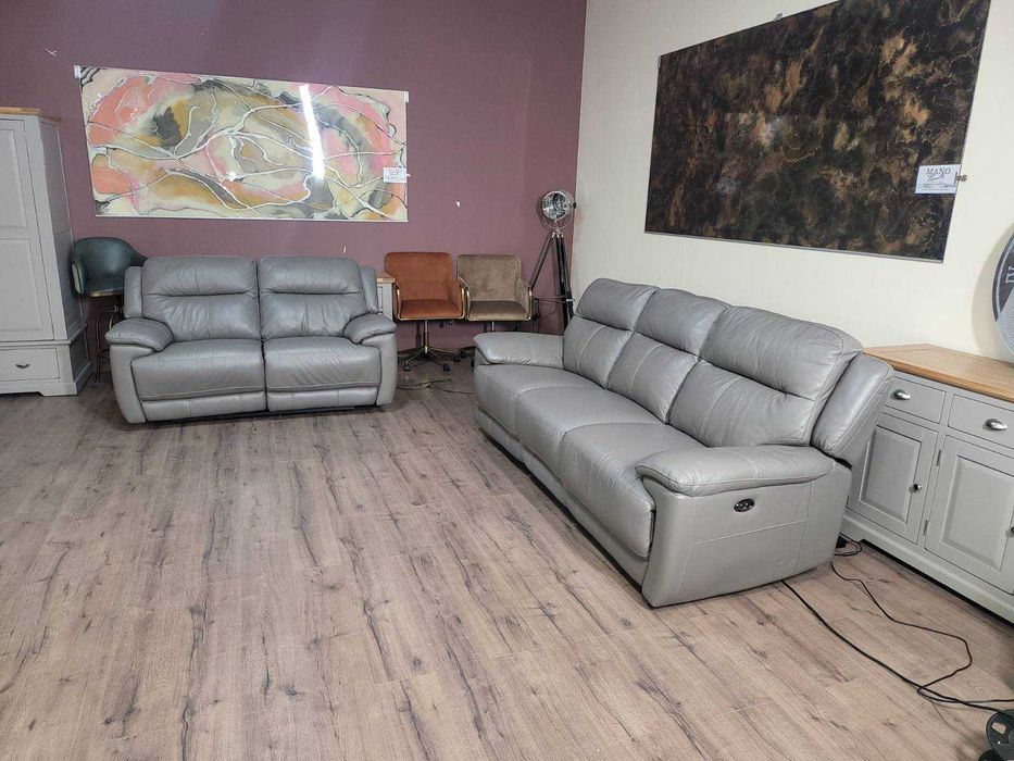 Сив кожен комплект дивани тройка и двойка с ел. релакс механизъм