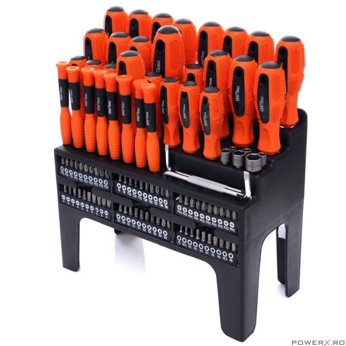 Set surubelnite si biti 100 elemente, cu suport pentru depozitare,