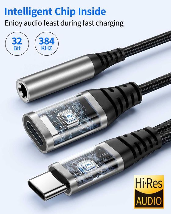 Преходник DAC USB C към 3,5 мм Aux жак за слушалки и адаптер за зарядно USB C 60W бързо зареждане