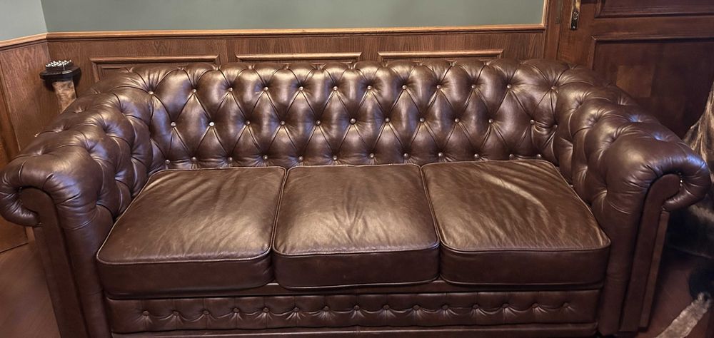 Кожен диван /триместен, тъмнокафяв, естествена кожа