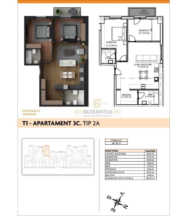 Apartament cu 3 camere, 80,35 mp – Amesa Residence, Berceni