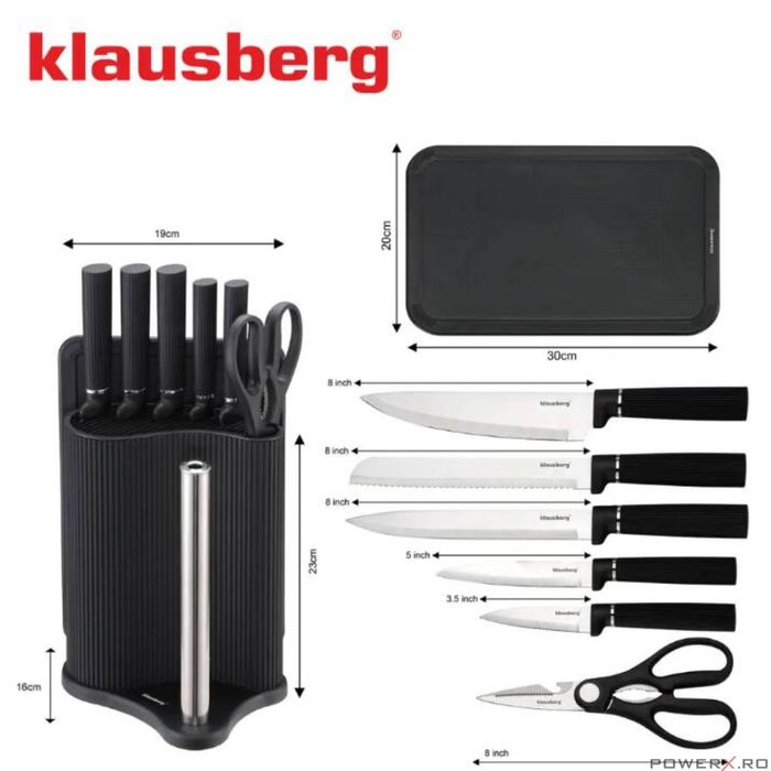 Set de cutite 8 piese cu suport, negru, otel inoxidabil, Klausberg