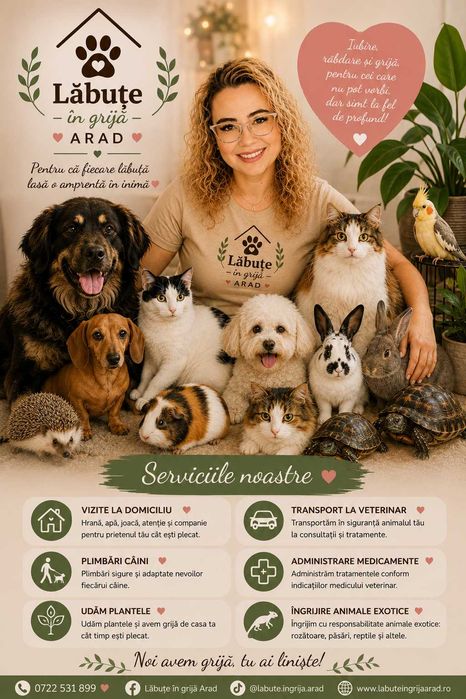 Pet sitter la domiciliul clientului, dog walker, transport animale, tratament veterinar de specialitate, animale exotice, verificare locuință