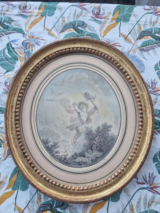 Tablou vintage rotund – gravură după Fragonard, ramă aurie eleg