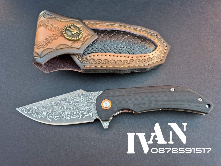 Сгъваем нож от дамаска стомана с кожена кания