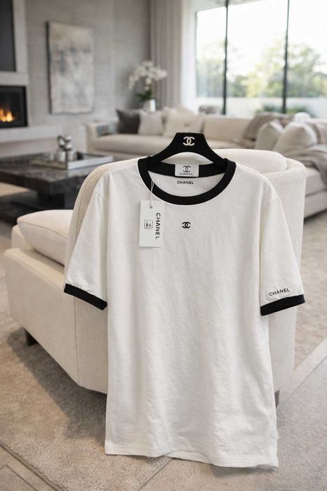 бяла тениска шанел с черно къс ръкав chanel нова памук блуза топ