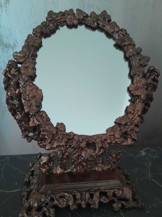 Oglinda machiaj veche vintage metal fonta aspect cupru alama