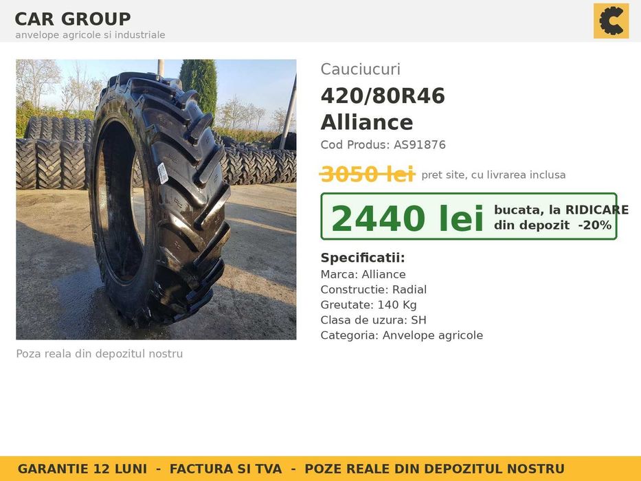 ANVELOPE 420/80R46 16.9R46 16.9-46 42080R46 Alliance Cauciucuri Tractor Prasit Erbicidat SH GARANTIE Factura TVA