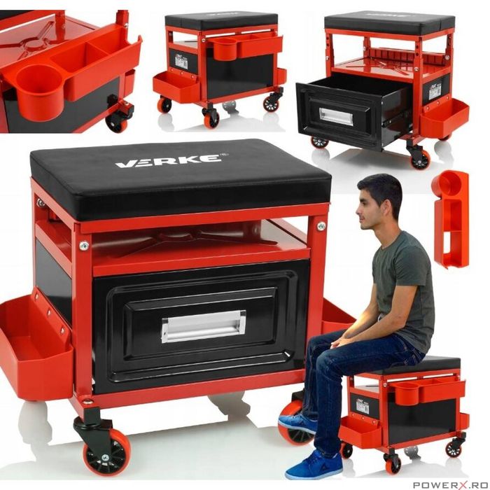 Taburet, scaun pentru atelier cu sertar, 33,5x27x17cm 135kg, Verke