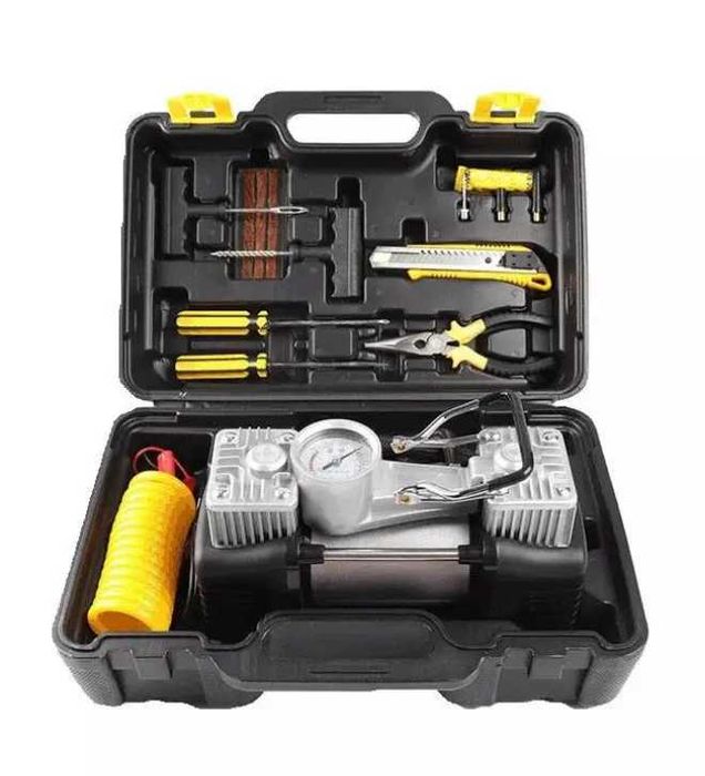 Двуцилиндров компресор за гуми в куфар с инструменти