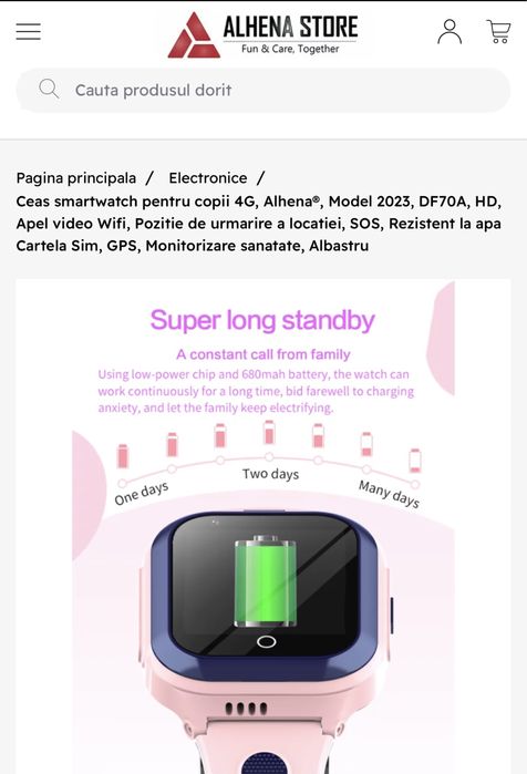 Ceas smartwatch pentru copii 4G, AlhenaModel, , HDApel video Wifi,