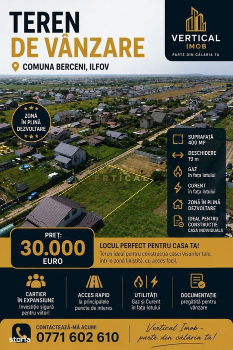 Teren 400 mp, 19 m deschidere,  Berceni