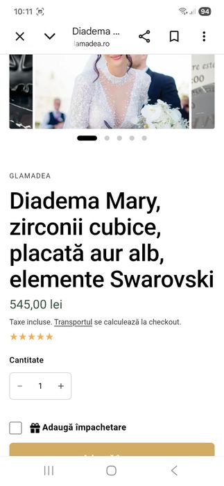 Rochie de mireasa mărimea M stare foarte buna si diadema Mary zirconiu cubice placata aur alb elemente Swarrovski