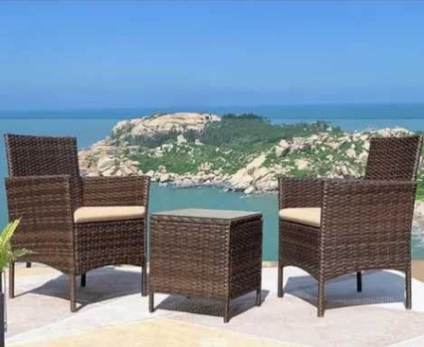 Ратанов Градински Комплект от 3 Части, Черен И Кафяв + Възглавнички