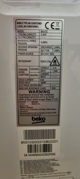 Aparat aer condiționat portabil Beko ba312c 12000btu cu dezumificare