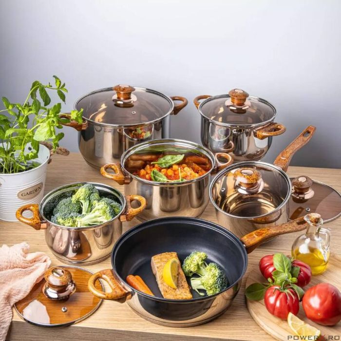 Set 6 oale cu capac, inox, manere maro, 16/16/18/20/24/24 cm, Kinghoff