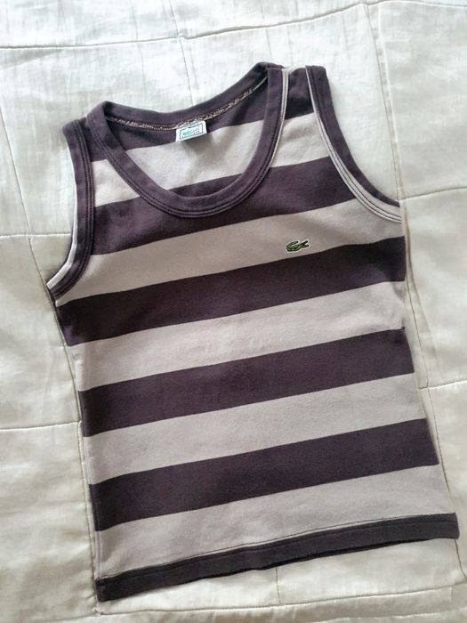 Top tricou Lacoste fara maneci,dama, femei dungi maro bej, bumbac premium elastic marime XS-M-L