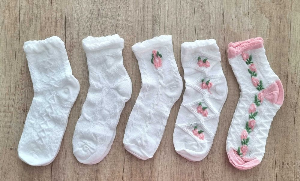 5 бр. елегантни дамски бели чорапки с цветя, one size