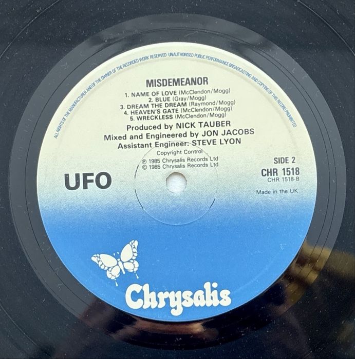 UFO – Misdemeanor LP 1985 UK Chrysalis CHR 1518 VG+