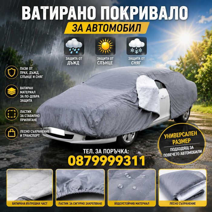 ВАТИРАНО Здраво покривало за кола автомобил коли с цип и ластик