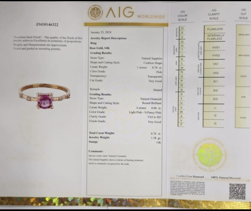 Inel din aur de 14K cu safir roz natural și diamante naturale