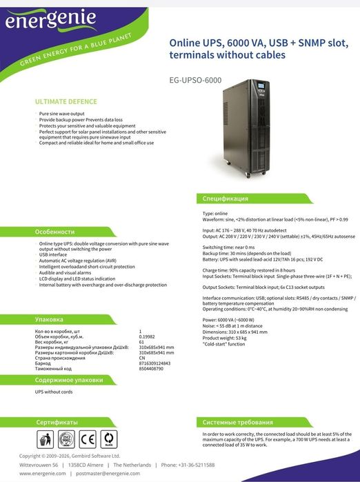 Источник бесперебойного питания (ИБП) онлайн, 6000 ВА, USB + слот SNMP