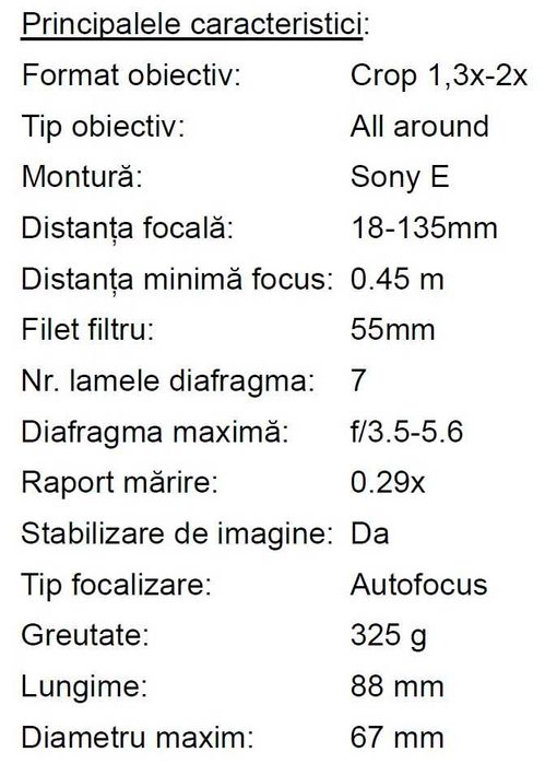 Obiectiv foto Sony 18-135mm F3.5-5.6, OSS, montură Sony-E