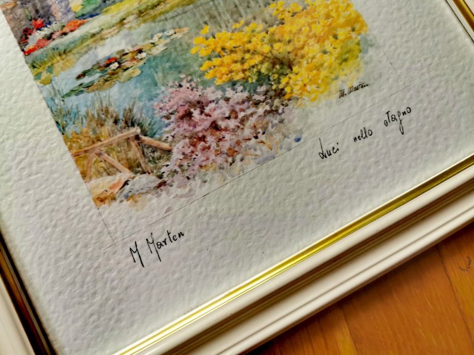 Антикварна картина с дървена рамка стъкло паспарту жена с шапка